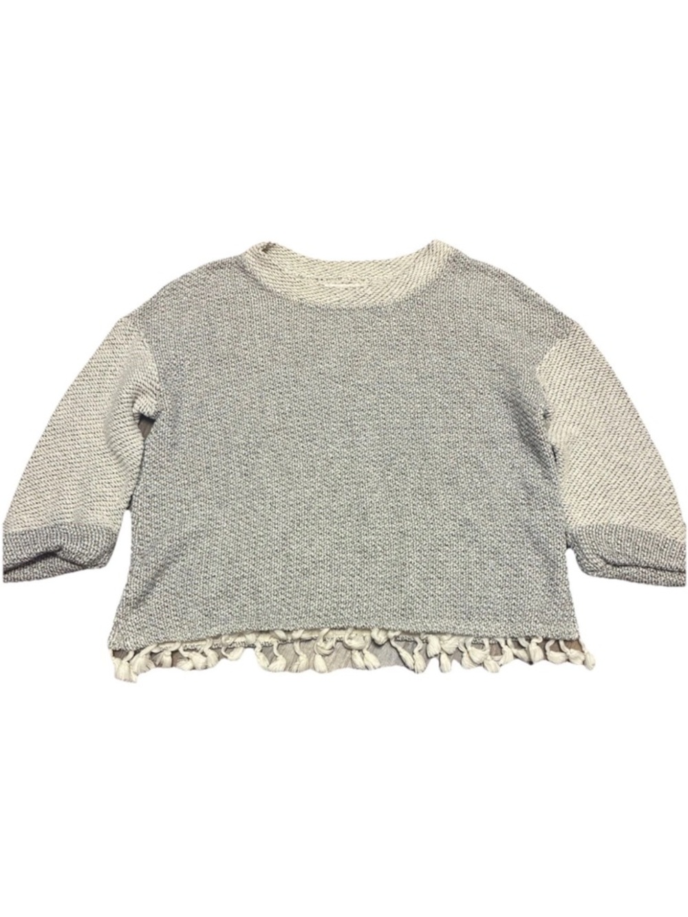Textured Knit Cropped Sweater with Tassel Hem - Light Gray & Cream